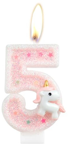 Pink Unicorn Birthday Candle, Number 5 Happy Birthday Cake Decorative, Glittering Party Candle for Girls, Children's Day, School Activities, Family Gathering