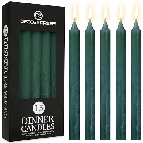 DECO EXPRESS Stabkerzen Kerzen Set 15er Pack Handgemachte Rustik Kerzen Geruchslos Lange Brenndauer bis zu 9 Stunden Tropffreie Tafelkerzen (Grün - 15 Pack)