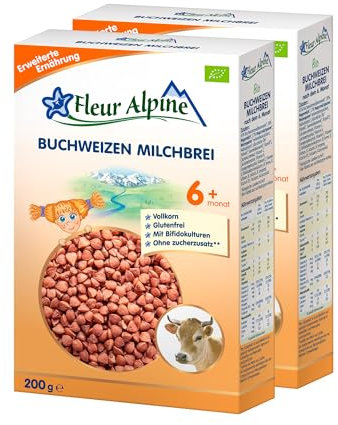 FLEUR ALPINE Bio Buchweizen - Baby Milchbrei für köstliches Frühstück, Nahrhafter und einfach zuzubereitender glutenfreier Brei, Babynahrung nach dem 6+ Monate ohne Zuckerzusatz, 2x5 Portionen