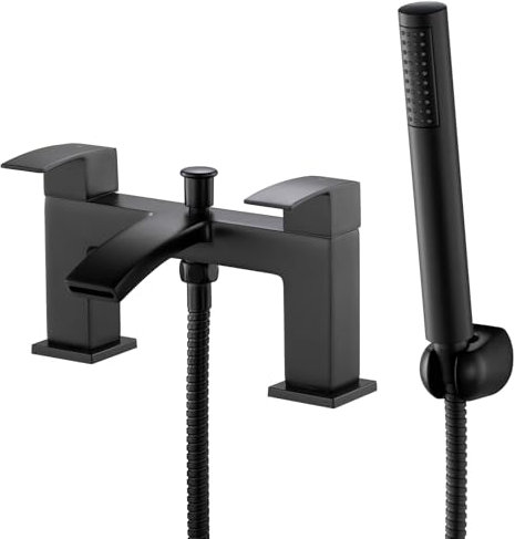 Matte Black Square Waterfall Bathroom Taps, BATHWEST Bathroom Sink Taps with Shower Attachment, Brass Bath Taps with Shower 321BYJ