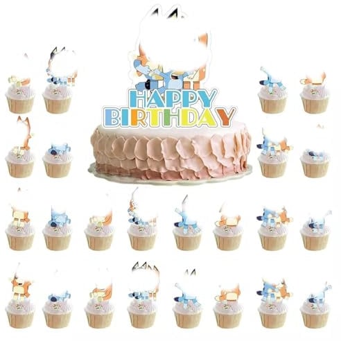 FAMILIO 25PCS Blue Dog Cake Toppers - Cartoon Cupcake Toppers for Kids Boy Girl Birthday Shower Party Supplies