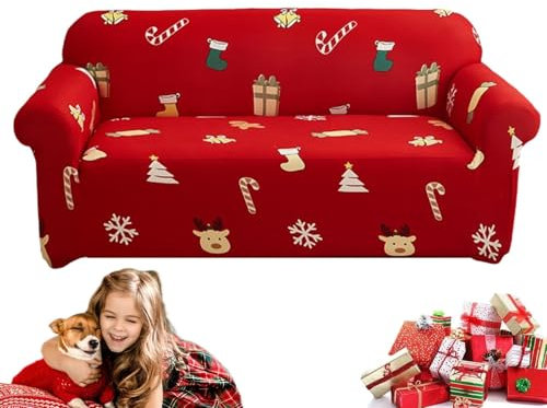 Zqkimzi Dustproof Sofa Cover, Christmas Furniture Protector, Stretchable Couch Slipcover, Combination Sofa Protector Cover, Single Couch Cover, Christmas Slipcover for Sofa