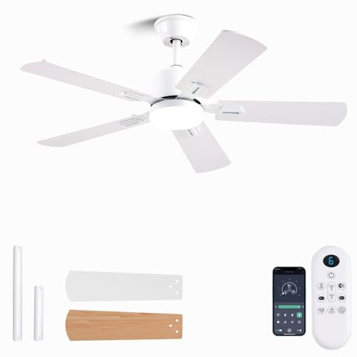 FUMLTP Modern Ceiling Fan 42 Inch with Light Applique Remote Control Reversible Low Profile 6 Speed Ceiling Fan for Indoor/Outdoor Patio Bedroom