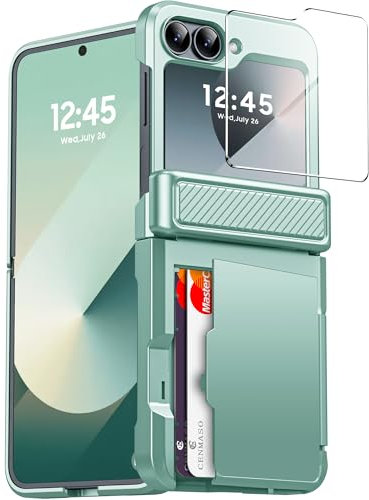 CENMASO for Samsung Galaxy Z Flip 6 Wallet Case with Screen Protector & Hinge Protection, Built-in Card Holder(4-5 Cards) (Mint Green)