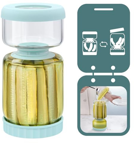 Luvan Gurkenglas zum Umdrehen, 1350 ml/46 oz großes Glas Einmachglas mit auslaufsicherem Deckel, Gurkenglas in Sanduhrform für Essiggurken, Oliven, Kimchi und Jalapeños (Blau)