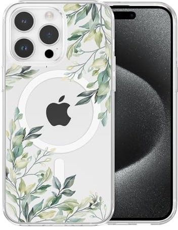 RALEAVO Magnetic Case for iPhone 16 Pro Max, Compatible with Magsafe Cute Flower Girls & Women Clear Case Silicone Shockproof Protective Cover with Floral Pattern Case for iPhone 16 Pro Max-Leaves