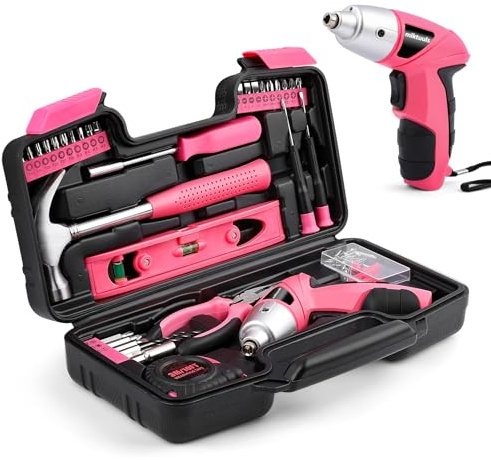 MLKTUULS Electric Screwdriver Tool Set 112PCS, Home Tool Kit with 3.6V Small Power Cordless Screwdriver for Women, Pink