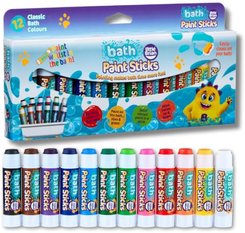 Little Brian Bath Paint Sticks For Kids - 12 Pack Assorted Colours - Bath Crayons, Mess-Free, Easy Clean Up, Fast Drying Action, Vibrant Colours, Multi-Surface, Twist & Paint