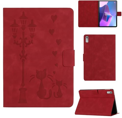 Rosbtib Coque pour Lenovo Tab P11 (2nd Gen) 11.5 Pouces 2022 TB350FU/TB350XU Housse en Similicuir avec Support, Un Couple de Chats Amoureux sous Le lampadaire Imprime, pour Lenovo Tab P11 Gen2, Rouge