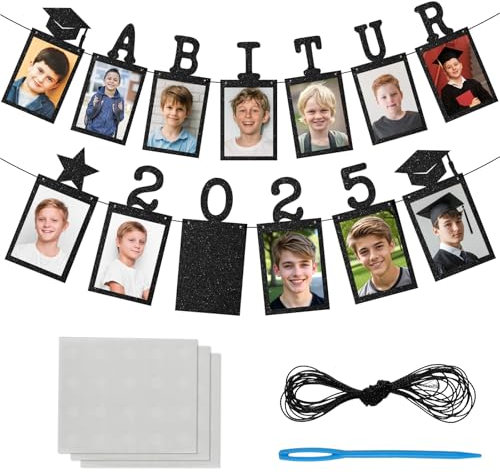 MEJOSER Abitur 2025 Deko Abi Girlande Geschenke 24cm x 1.8M Fotogirlande Banner mit Glitzer Abschluss Prüfung Bestanden Graduation Deko 6 Zoll Fotos Fotorahmen Foto Hintergrund Wanddeko zum Basteln