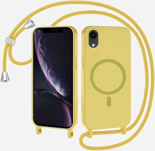 xinyunew Coque Magnétique pour iPhone XR avec Cordon, Compatible avec MagSafe Collier Étui Silicone Liquide avec Tour de Cou Lanière en Corde Souple TPU Antichoc Housse pour iPhone XR,Jaune