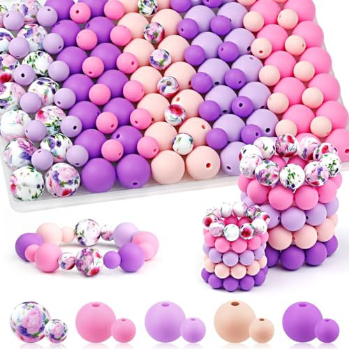 UNOZAVER Lot de 100 perles en silicone multicolores de 9 mm et 15 mm pour bracelets, stylos, bijoux, bricolage, artisanat, fabrication de porte-clés (rose violet)
