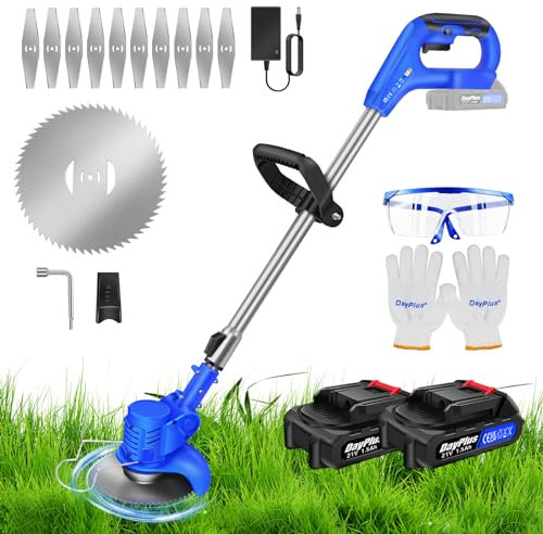 Debroussailleuse Electrique sans Fil, 21V Coupe Bordure avec 2 Batteries et 12 Lames et Poignée Télescopique, Débroussailleuse à Gazon Portable d'extérieur pour La Coupe De Jardin, Pelouses, Arbustes