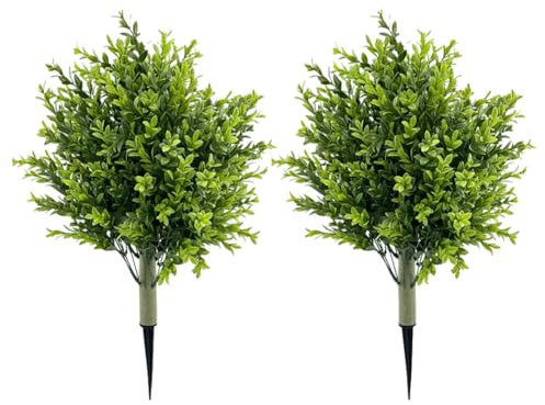 JOYWU 56cm Set of 2 Artificial Boxwood Topiary Balls with Violet Flowers - UV Resistant Faux Shrubs, Realistic Outdoor Plants for Garden, Porch, Patio Decor with Ground Spikes (E-Boxwood)