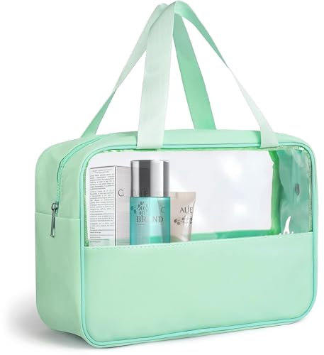 Trousse de Toilette Transparente,Trousse de Toilette en PVC,Trousse de Maquillage Portable,Grande Capacité Sac de Toilette avec Poignée pour Hommes et Femmes Voyages,Soport,Natation,Camping (Vert)