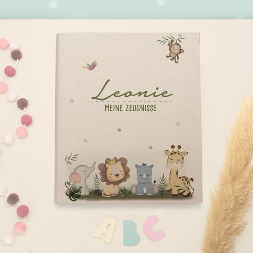 Zeugnismappe A4 personalisiert, Ringordner mit Namen, Leinen-Ordner für Schulzeugnisse, Geschenk Einschulung Mädchen & Jungen, Schulordner Tiermotive (Safari, Beige, 31×27×4,5)