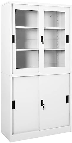 Qnhdfrt Armoire de bureau blanche avec portes coulissantes en acier et verre, 90 x 40 x 180 cm, armoire de classement avec 3 étagères et serrures, pour un rangement ordonné
