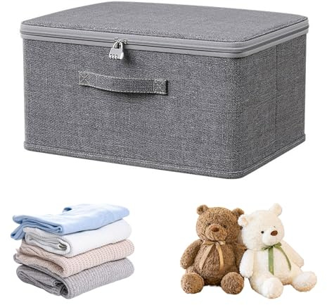 XMDROU Abschließbare Box, Faltbare Aufbewahrungsbox mit Deckel Stoff, Verschließbare Box mit Zahlenschloss, Abschließbare Kiste für Kleidung, Schlafzimmer Ordnung (30x20x14 cm)