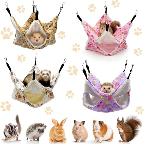Xygobla 4PCS Double-Layer Pet Cage Hammock, Small Animal Hanging Hammock Ferret Bunk Bed Pet Rat Hanging Bed Cage Soft Velvet Pet Hammocks for Ferret,Sugar Glider,Parrot,Hamster Rat Hideout Play Sleep
