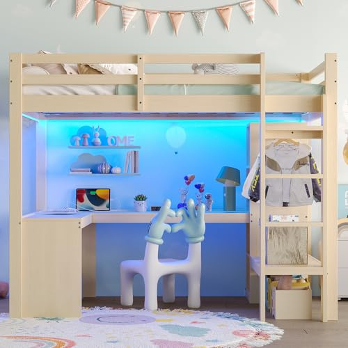 vutizal Kinder Hochbett 140x200 Massivholz mit Schreibtisch & LED-Beleuchtung, USB-Anschluss, Regal, Natur, bis 160 kg belastbar