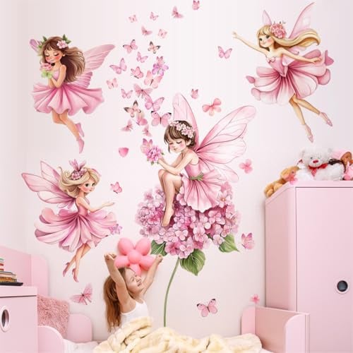 WandSticker4U®- [Extra groß] Wandtattoo FEE und SCHMETTERLING in Rosa (132x129 cm) I Wandtattoo Kinderzimmer Mädchen Prinzessin Feen Elfen Blumen I Wandsticker Kinderzimmer Deko Mädchen