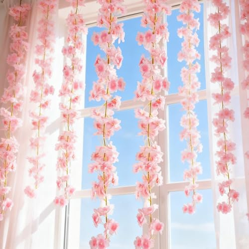 WDKXCN Blumengirlande Künstlich Kirschblüten, 6 Stück 1.8M/5.91ft Hängende Girlande Blumen, Blumenranken Künstlich, Kunstblumen Girlande, Blumengirlande Frühling Deko für Garten, Hochzeit, Part