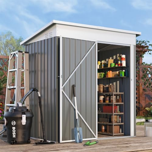 YODOLLA Gerätehaus, 164x81x181cm Metall Geräteschuppen mit Schloss, Grau | Werkzeug- und Geräteaufbewahrung für Garten, Außenbereich, Hinterhof, Terrasse