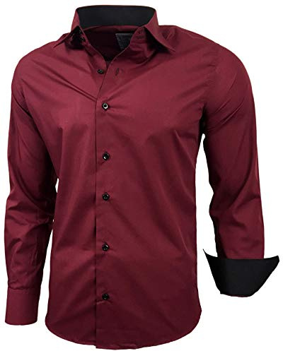 Baxboy Herren-Hemd Slim-Fit Bügelleicht Für Anzug, Business, Hochzeit, Freizeit - Langarm Hemden für Männer Langarmhemd R-44, Farbe:Bordo, Größe:2XL