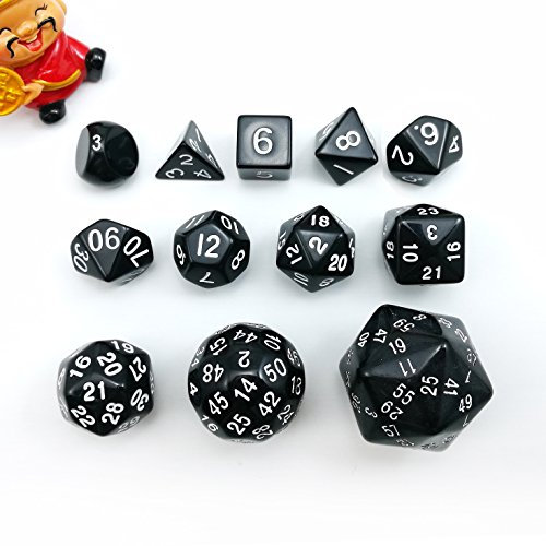 Bescon Vollständige Polygonal Polyedrische Würfel Set 12pcs D3-D60, Dungeons und Dragons Würfel Set D3 D4 D6 D8 D10 D% D12 D20 D24 D30 D50 D60 Schwarz Farbe