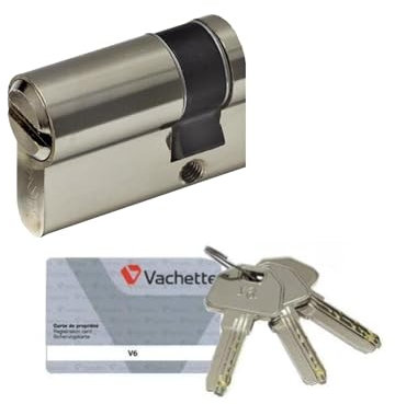 Vachette V6 - Demi-Cylindre de Serrure 30x10 mm Nickelé, 6 Goupilles, Cylindre de sécurité - Portes intérieures, Portes extérieures - 4 Clés réversibles