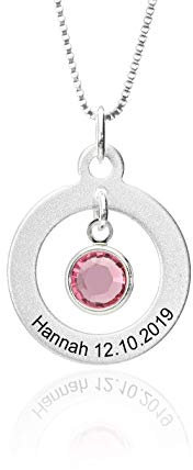 Damen Halskette Geburtsstein Oktober mit Swarovski Kristallen in 925 Sterling Silber und personalisierte Gravur zur Geburt, Geburtstag, für die Frau oder Freundin
