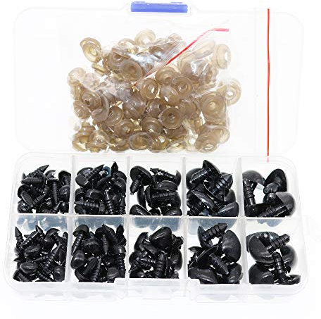 BITEYI Bunte Kunststoff Sicherheit Nase mit Unterlegscheiben 130 Stück 8-16mm DIY Sicherheitsnasen für Making Puppe,Marionette,Plüschtier (Schwarz)