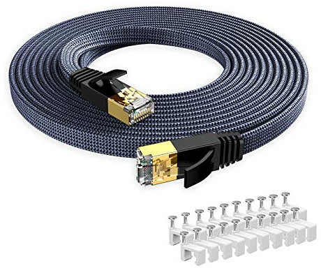 Snowkids 15M Câble Ethernet CAT7, External & Internal LAN Cable 10Gbit/s 600MHz Plat Tissage Nylon STP RJ45 Cable aver Salles Informatiques Extérieures Industrielles et D'entreprise, avec 20 Clips