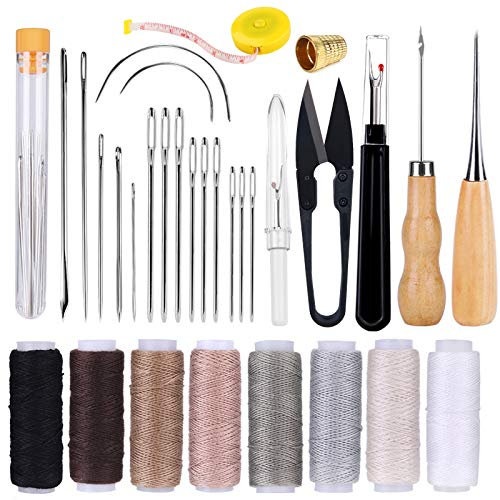 Kit da cucito in pelle, 32 pezzi, kit di riparazione per tappezzeria con filo da cucito in 8 colori, forbici e sfibratore, kit di cuciture in pelle per riparazione di rilegature in pelle