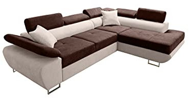 Robin Saturn Premium Ecksofa Schlaffunktion Bettkasten Verstellbare Kopfstützen Kissen Sofa L-Form Schlafsofa Freistehende Eckcouch Schlafcouch Wohnzimmermöbel Wohnlandschaft Rechts Braun Creme