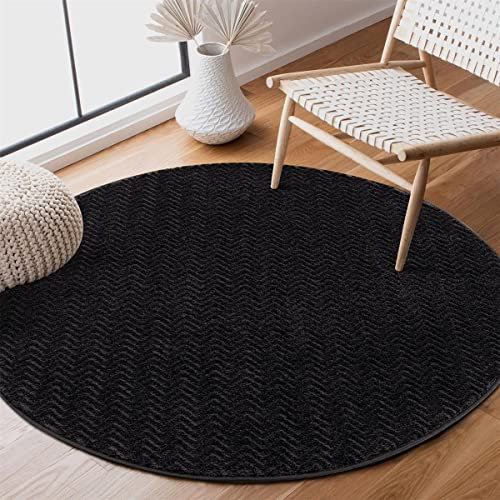 carpet city Teppich Wohnzimmer Modern - Einfarbig, Schwarz - 200x200 cm Rund - Flachflor-Teppiche Schlafzimmer - Hochtief-Effekt/ 3D-Optik - Chevron, Zickzack - Wohnzimmerteppiche Kurzflor