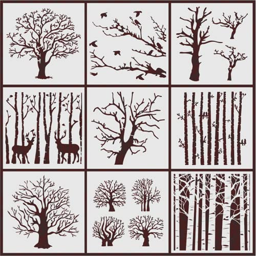 9 Pcs Drawing Painting Art Stencil Tree Stencils Set Reusable Painting Template for Paint Craft Wall DIY Nature Home Decor Wood Sign