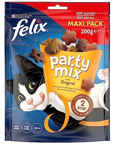 Purina Felix Party Mix Original, Snack para Gato Adulto, Premio para Gato con Pollo, Higado y Pavo, Pack de 5 Bolsas de 200g