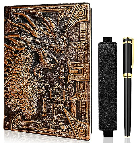 LISGO Vintage Dragon Embossed Leather Notebook DND Notebook Travel Journal with Ballpoint Pen and Pen Sleeve Antique Handmade A5 Journal, Notebook Gift for Men Women, Copper