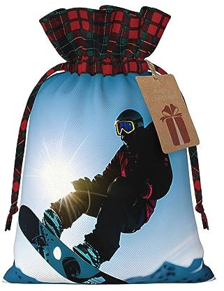 Exquisite Weihnachts-Geschenktüte mit Snowboard-Bild, volldruckende Polyester-Tasche zum Verpacken von Geschenken