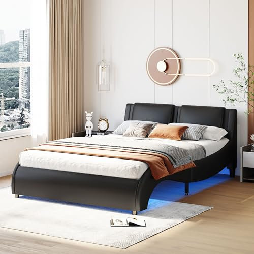 Becag Polsterbett 140x200 cm Doppelbett mit LED-Lichtbettgestell, Bett mit Holz Lattenrost, Jugendbett Kinderbett Rückenlehne Bett, Ohne Matratze, Kunstleder (Schwarz)