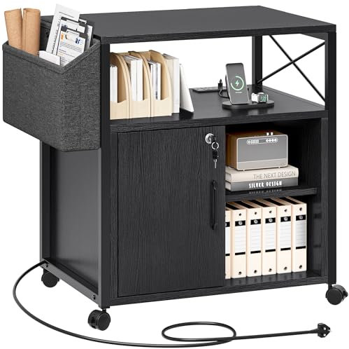 YITAHOME Wooden Printer Stand With Power Outlets, Industrial Storage Cabinet, Print Stand Filing Cabinets with Key, Wooden Sideboard with Open Shelf, Black