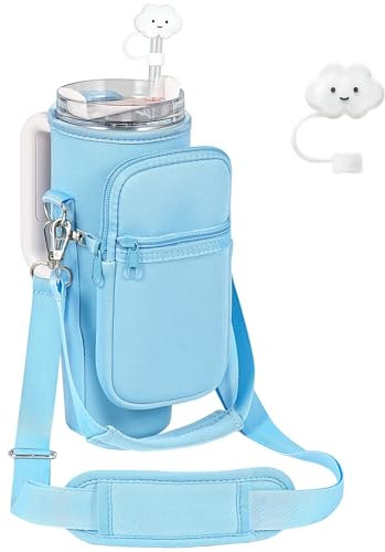 PRAGATISM Water Bottle Carrier Bag with Pouch for Stanley 30 oz Tumbler with Handle, Neoprene Water Bottle Holder Pocket with Adjustable 4.9FT Strap, Bottle Pouch for Stanley Cup Accessories (Blue)