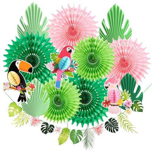EASY JOY Hawaii Deko Set Dschungel Deko Girlande Geburtstag Papier Tropische Palmblätter Tropical Papagei für Luau Party BBQ Tropischen Garten Party Deko
