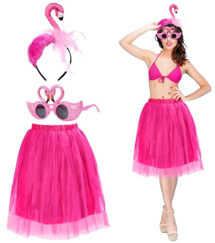 LOHAME 3tlg Flamingo Kostüm Damen Hawaii Kostüm Accessoire Flamingos Haarreif Brille Rosa Tuturock Tropischer Haarschmuck Flamingo Kostüm Zubehör für Hawaii Party Karneval Fasching Strandparty Sommer