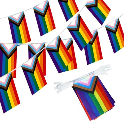 8.5 Meter Pride Bunting Flags, Progress Pride Banner with 25 Flags, Rectangle Gay LGBTQ Rainbow Pride Flag, Colorful Stripes Bunting Banner for Pride Month Decorations, Home, Balcony, Bars,etc