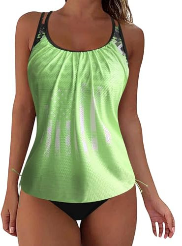 Damen-, Tankini, 2-teilig, normaler Badeanzug, 2-teilige Badebekleidung, gestreift, gepolsterte Träger, Badeanzüge, Sport, Urlaub, Strandkleidung Steinhart Uhren (Green, XL)