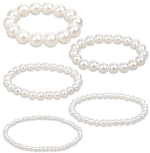 FloralGrace 5 Stück Perlen Armband Für Braut Damen Party Hochzeit Weiß Perlen 1920 Geschenke Künstlichen Perlen Kristall Perlen Autumn 5 Größen (4/6/8/10/12mm)