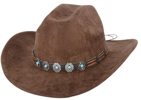 Yuedefly Classic Western Cowboy Hat,Men Women Retro Western Cowboy Hat,Wide Brim Cowgirl Hats Felt Fedora hat Brown
