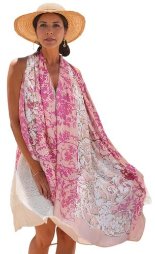 Prettystern Damen XXL Seidenstola Sommer-Tuch Seidenschal Strand-pareo Sarong bunt Umschlagtuch Schultertuch bunt pink rosa Y02